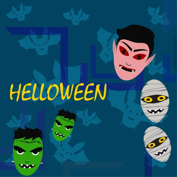 Fondo Azul Halloween Con Monstruos Murciélagos Ilustración Vectorial — Vector de stock