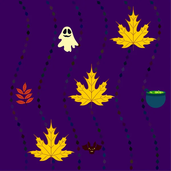 Halloween Herbst Hintergrund Mit Blättern Hexenkessel Fledermaus Geistervektor Hintergrund — Stockvektor