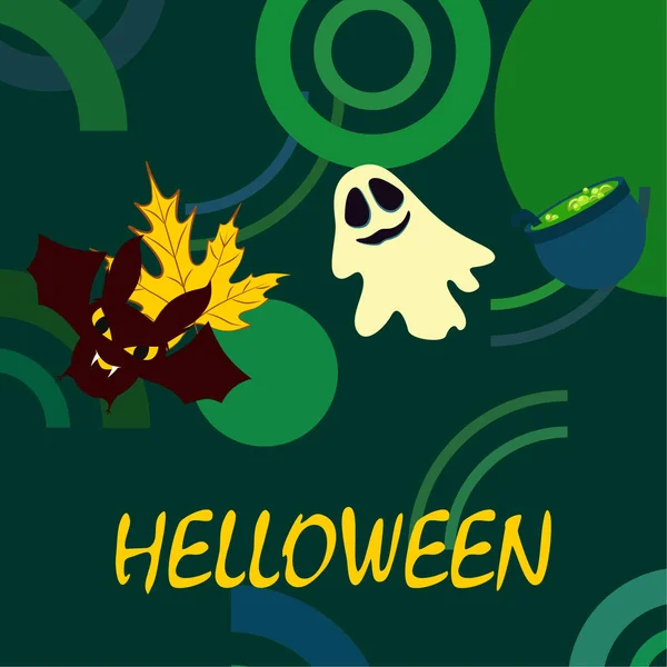 Halloween Herbst Gefallenes Blatt Hexenkessel Fledermaus Geistervektor Hintergrund — Stockvektor