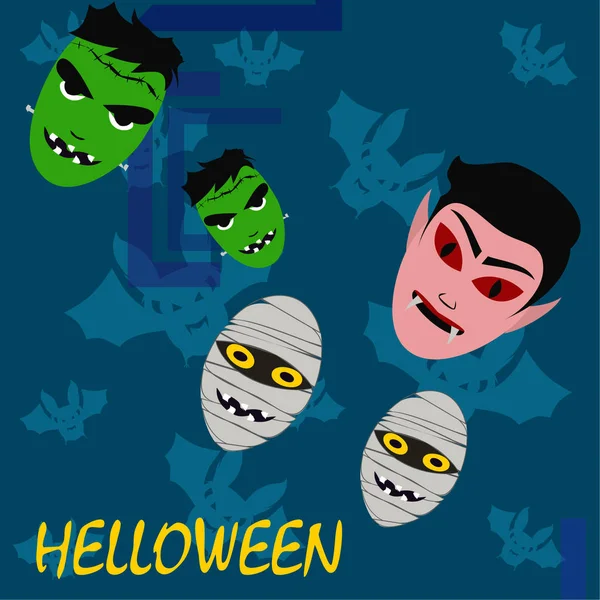 Fondo Azul Halloween Con Monstruos Ilustración Vectorial — Vector de stock