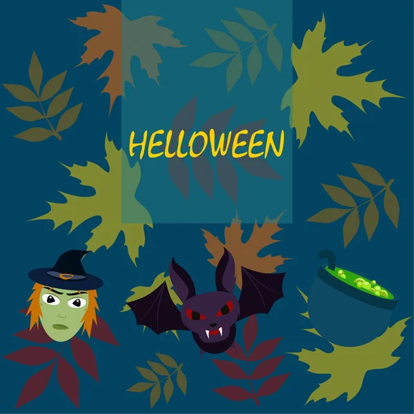 Halloween Ősszel Lehullott Levelek Boszorkány Denevér Pot Vektor Háttér — Stock Vector