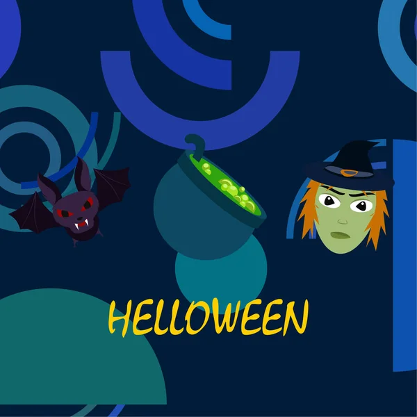 Bruja Halloween Murciélago Fondo Vector Olla — Vector de stock