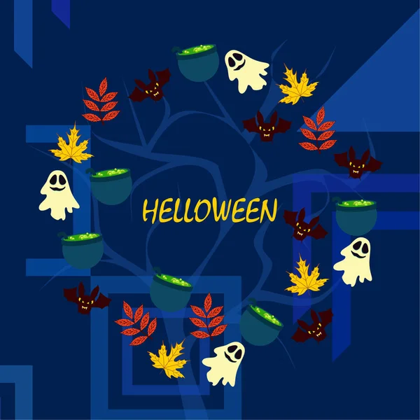 Halloween Fondo Otoño Con Hojas Calderos Murciélagos Fantasmas Vector Fondo — Vector de stock