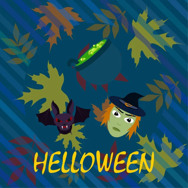 Halloween Ősszel Lehullott Levelek Boszorkány Denevér Pot Vektor Háttér — Stock Vector
