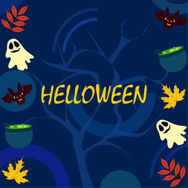 Halloween Fondo Otoño Con Hojas Calderos Murciélagos Fantasmas Vector Fondo — Vector de stock