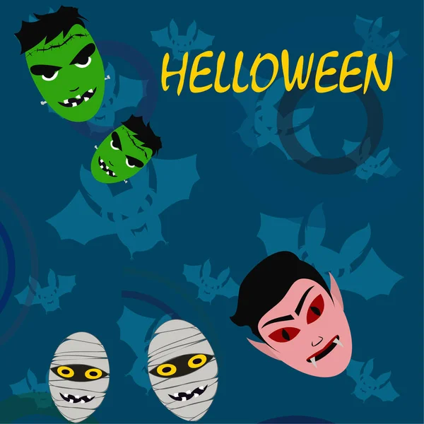 Fondo Azul Halloween Con Monstruos Murciélagos Vector — Vector de stock