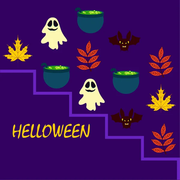 Halloween Autunno Sfondo Con Foglie Calderoni Pipistrelli Fantasmi Vettore Sfondo — Vettoriale Stock