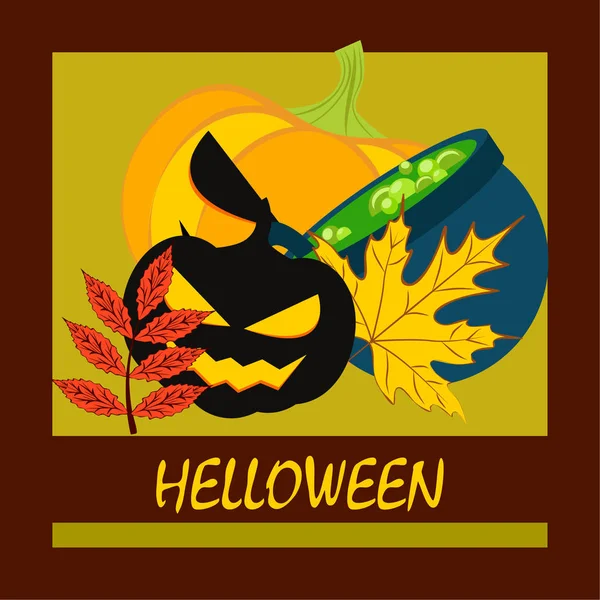 Halloween Outono Abóboras Folhas Caídas Bruxa Caldeirão Vetor Ilustração —  Vetores de Stock