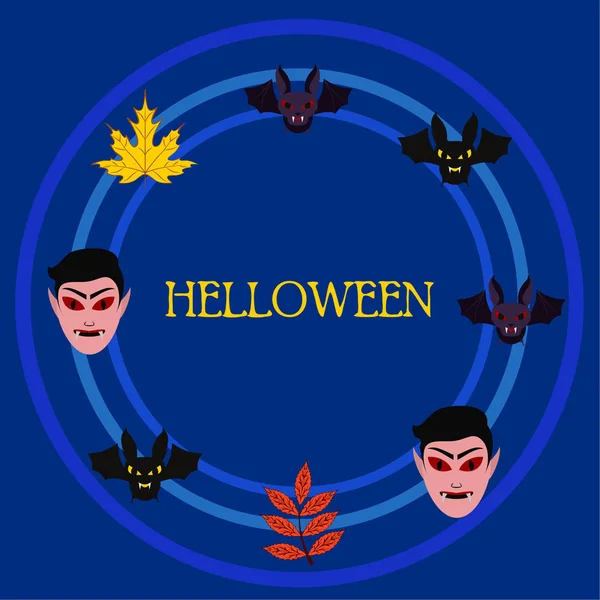Hojas Otoño Halloween Máscaras Drácula Murciélagos Vector Ilustración — Vector de stock