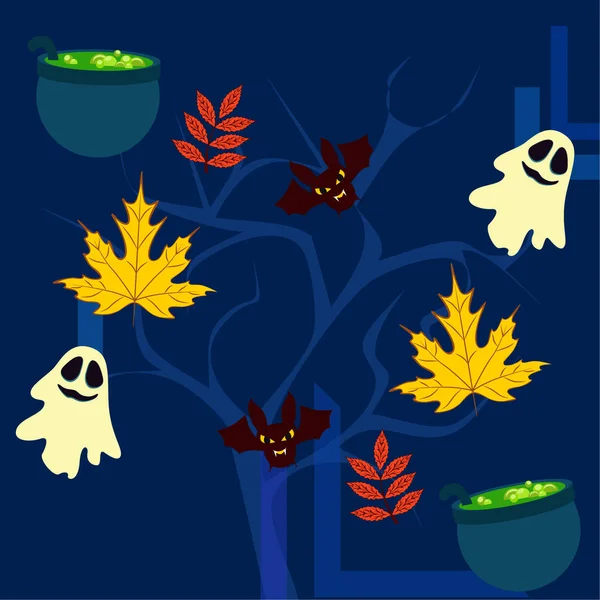 Halloween Herbst Hintergrund Mit Blättern Kesseln Fledermäuse Geister Vektor Hintergrund — Stockvektor
