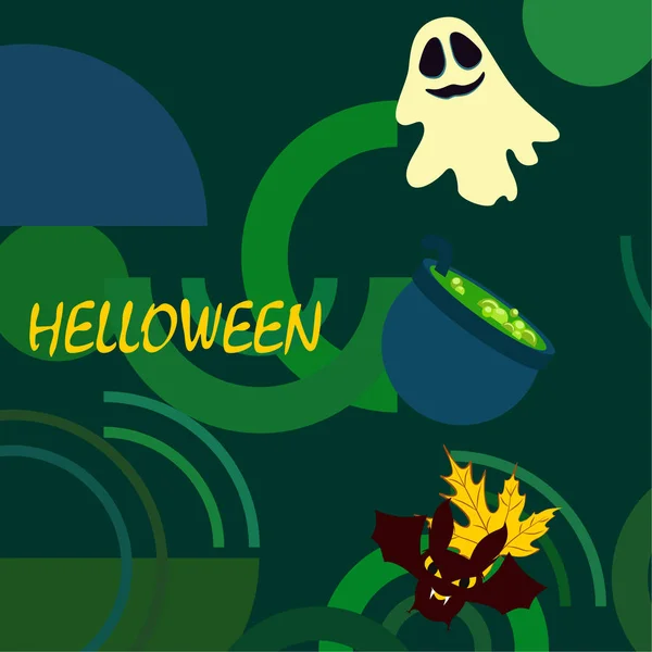 Хэллоуин Осень Опавший Лист Котел Летучая Мышь Призрак Векторного Фона — стоковый вектор