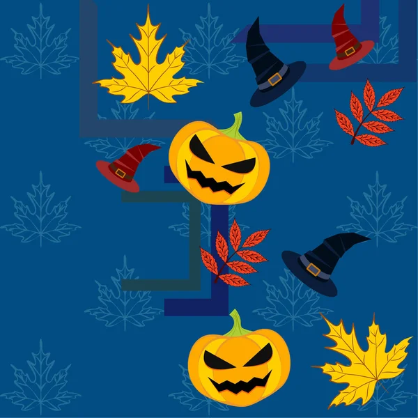 Halloween Calabazas Otoño Hojas Caídas Sombreros Vector Fondo — Archivo Imágenes Vectoriales