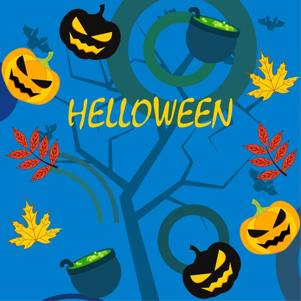 Podzimní Halloween Dýně Spadané Listí Čarodějnice Kotlíky Vektorové Pozadí — Stockový vektor