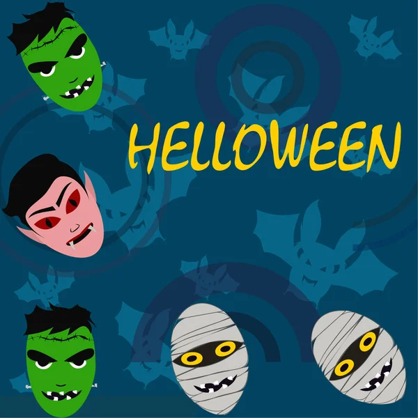 Fondo Azul Halloween Con Monstruos Murciélagos Ilustración Vectorial — Vector de stock