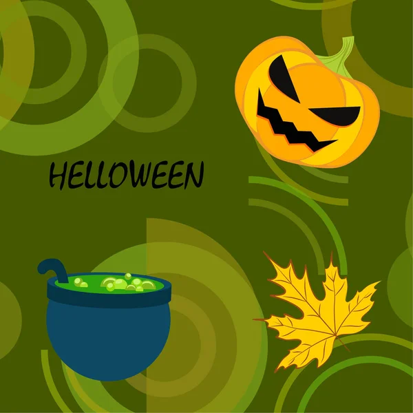 Halloween Autumn Pumpkin Fallen Leaf Witch Cauldron Vector Background — Stock Vector