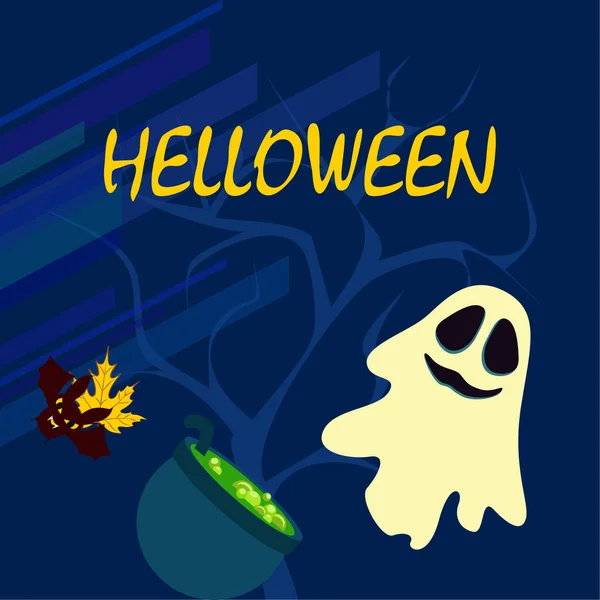 Halloween Herfst Achtergrond Met Ketel Vleermuis Ghost Vector Achtergrond — Stockvector