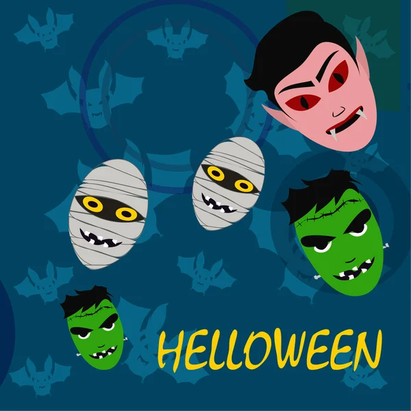 Halloween Blauer Hintergrund Mit Monstern Und Fledermäusen Vektorillustration — Stockvektor