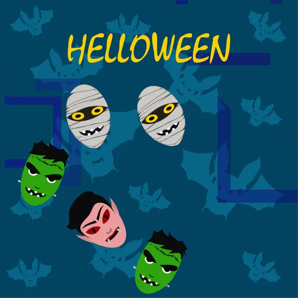 Fondo Azul Halloween Con Monstruos Murciélagos Ilustración Vectorial — Vector de stock