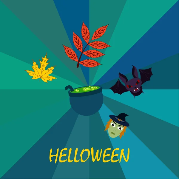 Halloween Otoño Hojas Caídas Bruja Murciélago Fondo Vector Olla — Vector de stock