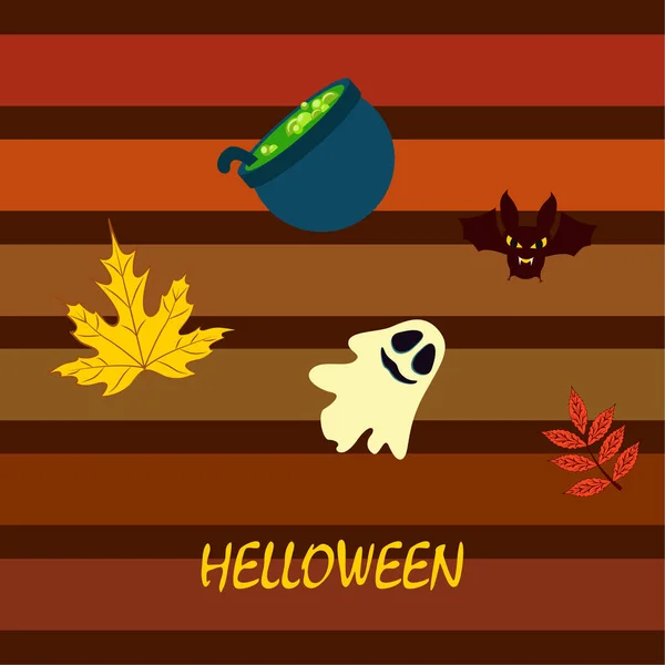 Halloween Otoño Hojas Caídas Caldero Murciélago Fondo Vector Fantasma — Vector de stock