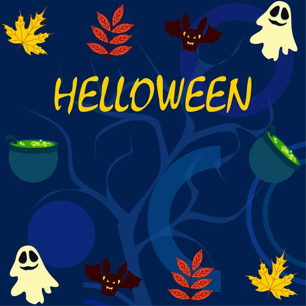 Halloween Autunno Sfondo Con Foglie Calderoni Pipistrelli Fantasmi Vettore Sfondo — Vettoriale Stock