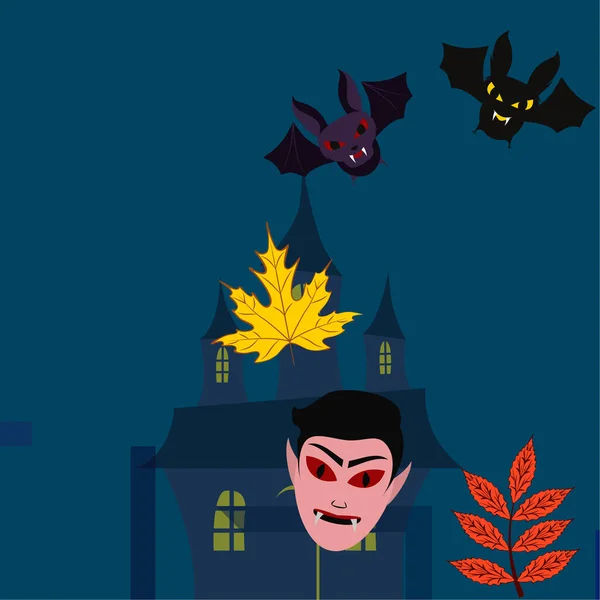 Halloween Autumn Fall Leaves Mask Dracula Bats Vector Illustration — Stock Vector