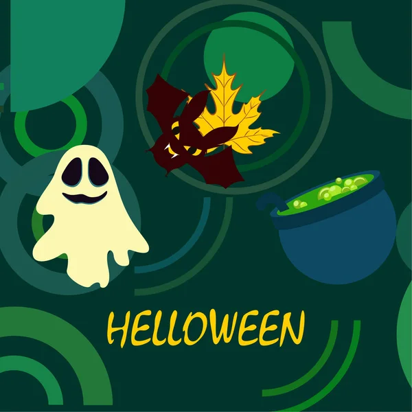 Halloween Otoño Hoja Caída Caldero Murciélago Fondo Vector Fantasma — Archivo Imágenes Vectoriales