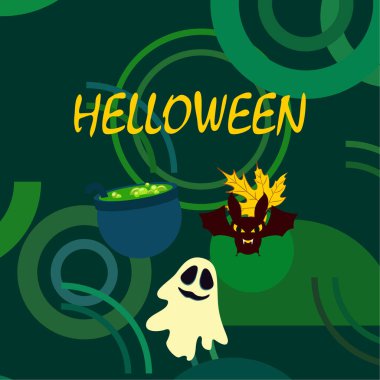 Cadılar Bayramı sonbahar düşmüş yaprak, kazan, yarasa, hayalet vektör arka plan