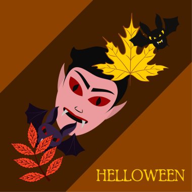 Cadılar Bayramı sonbahar sonbahar yaprakları, Dracula, yarasalar maskesi. Vektör çizim