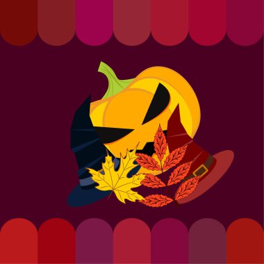 Cadılar Bayramı sonbahar kabak, düşen yapraklar, jant kapağı arka plan vektör