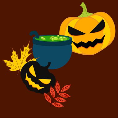 Cadılar Bayramı sonbahar pumpkins, düşen yapraklar, cadı kazanı vektör çizim 