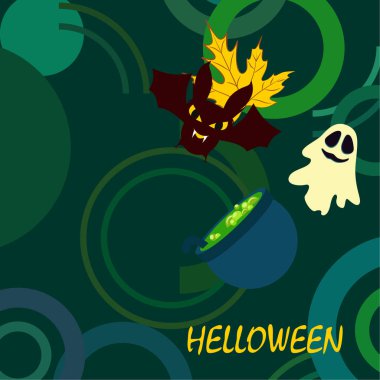 Cadılar Bayramı sonbahar düşmüş yaprak, kazan, yarasa, hayalet vektör arka plan