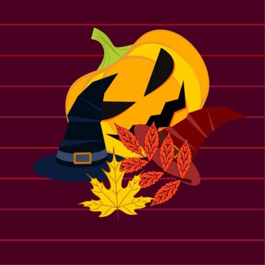 Cadılar Bayramı sonbahar kabak, düşen yapraklar, jant kapağı arka plan vektör