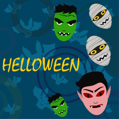 Cadılar Bayramı mavi artalanla canavarlar ve yarasalar, vektör çizim. 