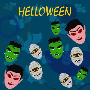 Cadılar Bayramı mavi artalanla canavarlar ve yarasalar, vektör çizim. 