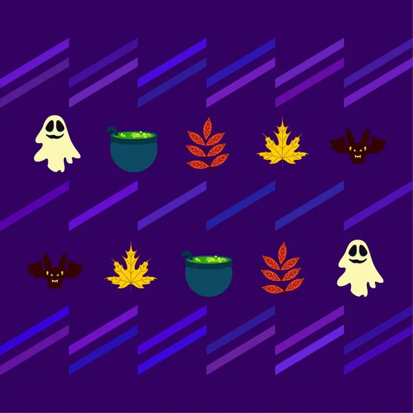 Halloween Autumn Background Leaves Cauldrons Bats Ghosts Vector Background — Stock Vector