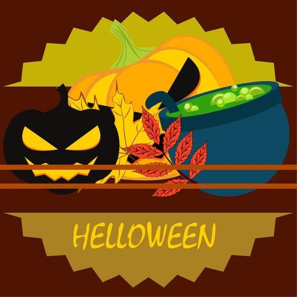 Halloween Autumn Pumpkins Fallen Leaves Witch Cauldron Vector Illustration — Stock Vector
