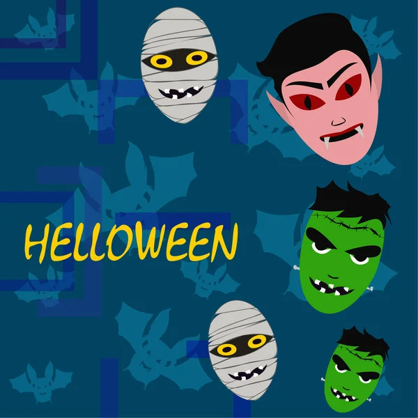 Halloween Blauer Hintergrund Mit Monstern Und Fledermäusen Vektorillustration — Stockvektor