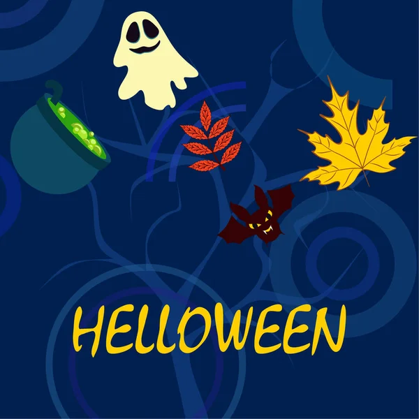 Fondo Otoño Halloween Con Hojas Caldero Murciélago Fondo Vector Fantasma — Vector de stock