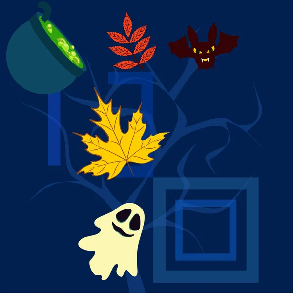 Fondo Otoño Halloween Con Caldero Murciélago Fondo Vector Fantasma — Archivo Imágenes Vectoriales