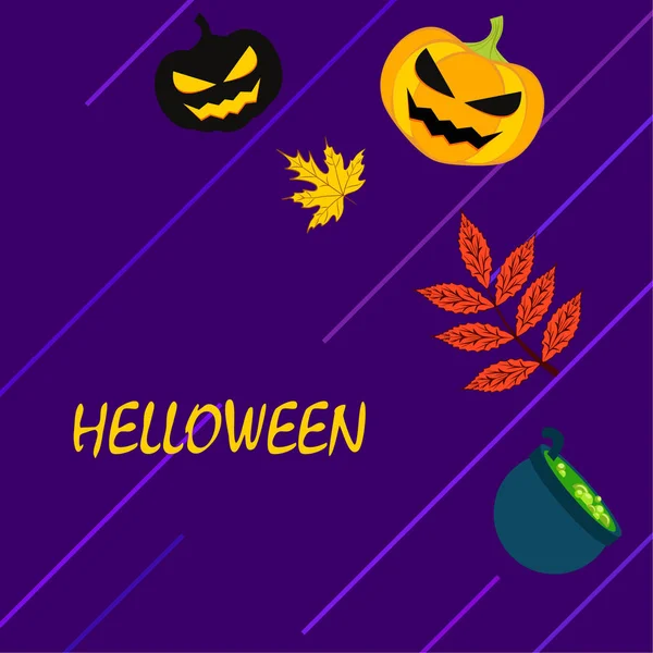 Calabazas Otoño Halloween Hojas Caídas Ilustración Vector Caldero Bruja — Archivo Imágenes Vectoriales