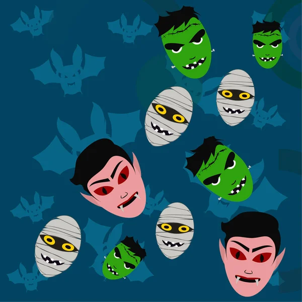 Fondo Azul Halloween Con Monstruos Murciélagos Ilustración Vectorial — Vector de stock