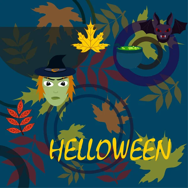 Halloween Herbst Gefallene Blätter Hexe Fledermaus Topfvektor Hintergrund — Stockvektor