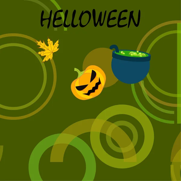 Calabaza Otoño Halloween Hoja Caída Fondo Vector Caldero Bruja — Archivo Imágenes Vectoriales