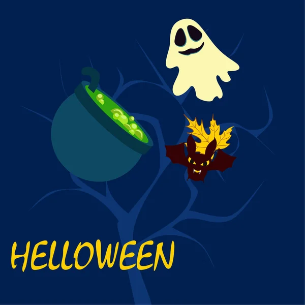 Halloween Herfst Achtergrond Met Ketel Vleermuis Ghost Vector Achtergrond — Stockvector