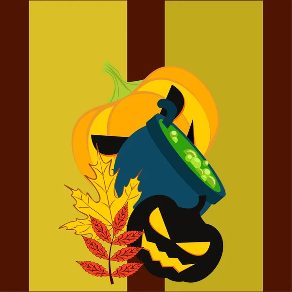 Halloween Autumn Pumpkins Fallen Leaves Witch Cauldron Vector Illustration — Stock Vector