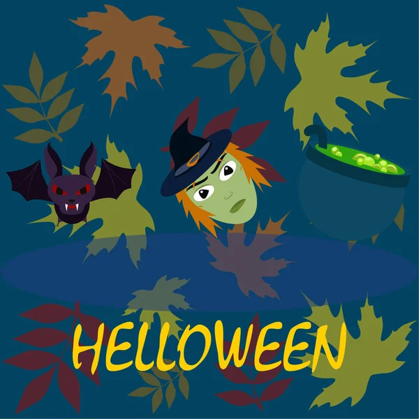 Halloween Autumn Fallen Leaves Witch Bat Pot Vector Background — Stock Vector