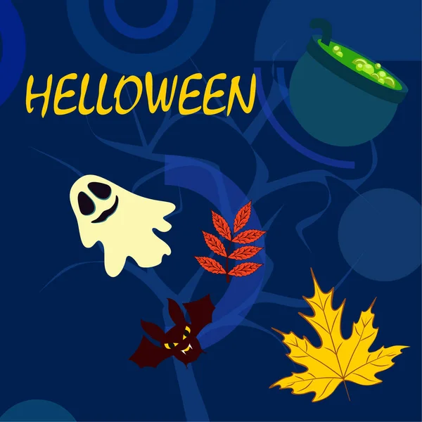 Halloween Autunno Sfondo Con Foglie Calderone Pipistrello Sfondo Vettore Fantasma — Vettoriale Stock