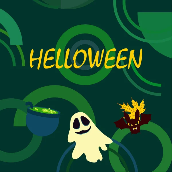 Halloween Otoño Hoja Caída Caldero Murciélago Fondo Vector Fantasma — Vector de stock