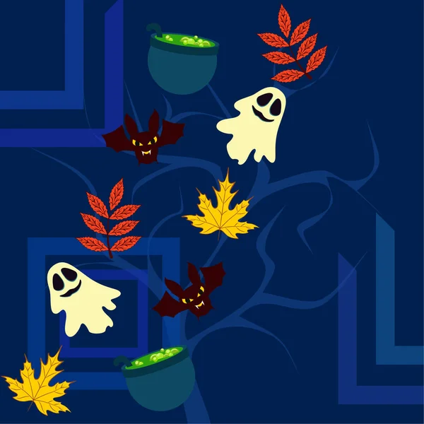 Cadılar Bayramı Sonbahar Arka Plan Ile Yaprakları Kazanlarda Yarasalar Hayaletler — Stok Vektör